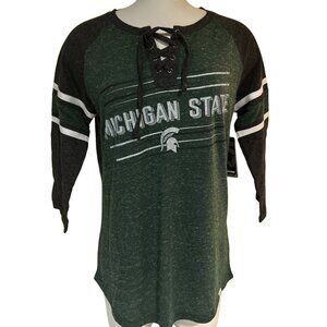 Michigan State Spartans Colosseum GREEN Henley Lace M Shirt Womens New